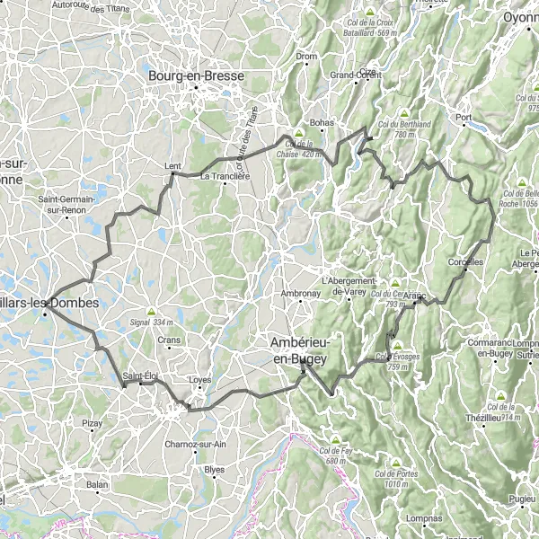 Karttaminiaatyyri "Villars-les-Dombes - Col d'Évosges Circuit" pyöräilyinspiraatiosta alueella Rhône-Alpes, France. Luotu Tarmacs.app pyöräilyreittisuunnittelijalla