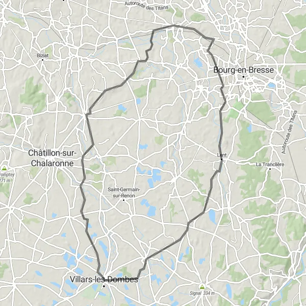 Miniatura della mappa di ispirazione al ciclismo "Giro panoramico da Villars-les-Dombes a Le Plantay" nella regione di Rhône-Alpes, France. Generata da Tarmacs.app, pianificatore di rotte ciclistiche