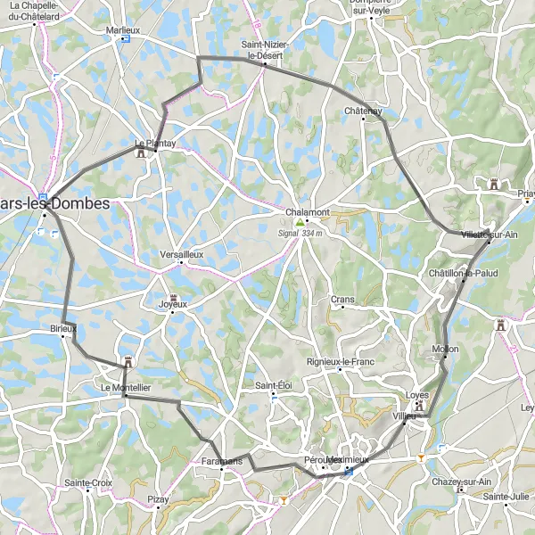 Miniature de la carte de l'inspiration cycliste "Escapade autour de Villars-les-Dombes" dans la Rhône-Alpes, France. Générée par le planificateur d'itinéraire cycliste Tarmacs.app