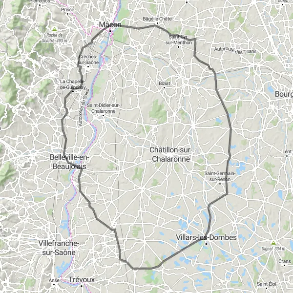 Miniatura della mappa di ispirazione al ciclismo "Giro ciclistico attraverso le campagne vicino a Villars-les-Dombes" nella regione di Rhône-Alpes, France. Generata da Tarmacs.app, pianificatore di rotte ciclistiche