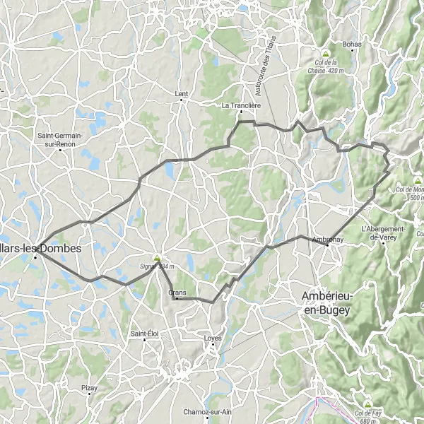 Map miniature of "Scenic Route near Villars-les-Dombes" cycling inspiration in Rhône-Alpes, France. Generated by Tarmacs.app cycling route planner