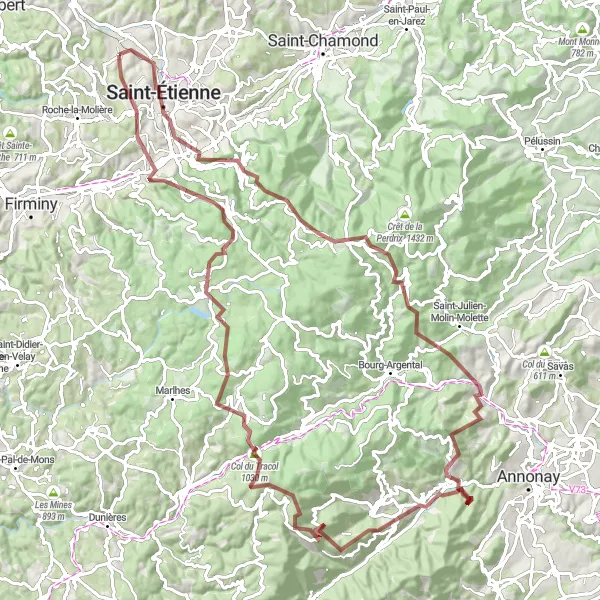 Miniature de la carte de l'inspiration cycliste "Circuit des Monts de Forez" dans la Rhône-Alpes, France. Générée par le planificateur d'itinéraire cycliste Tarmacs.app