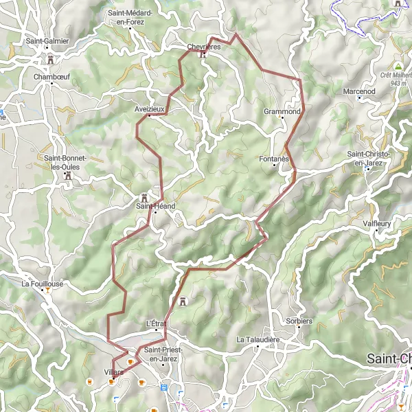 Miniatura della mappa di ispirazione al ciclismo "Esplorazione in Gravel tra Saint-Héand e Mont Morin" nella regione di Rhône-Alpes, France. Generata da Tarmacs.app, pianificatore di rotte ciclistiche
