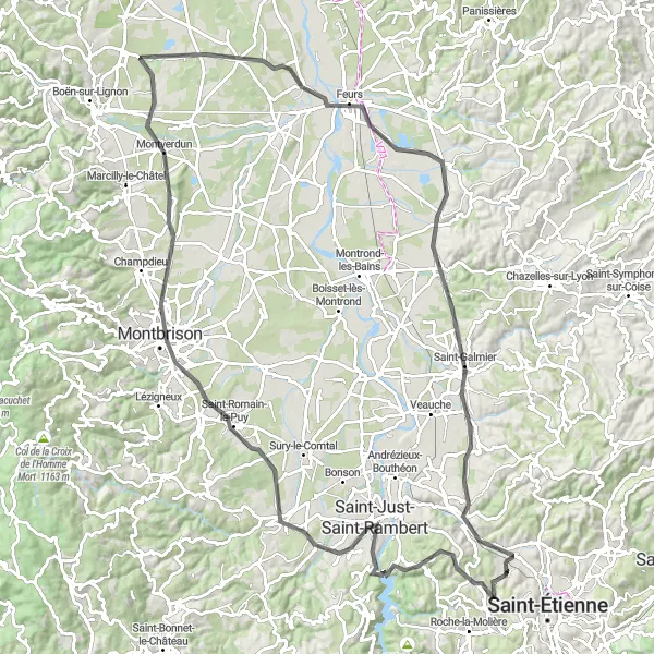 Karttaminiaatyyri "Villars - La Fouillouse - Montbrison - Villars" pyöräilyinspiraatiosta alueella Rhône-Alpes, France. Luotu Tarmacs.app pyöräilyreittisuunnittelijalla