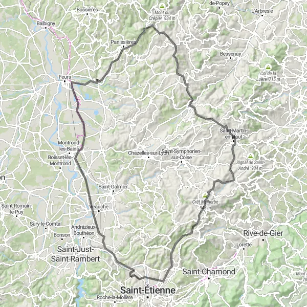 Miniature de la carte de l'inspiration cycliste "Les Cols du Forez" dans la Rhône-Alpes, France. Générée par le planificateur d'itinéraire cycliste Tarmacs.app