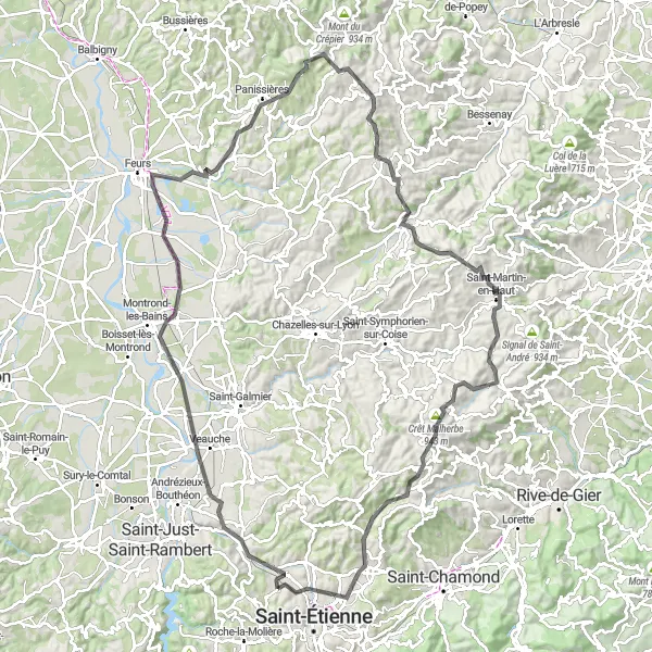 Miniaturekort af cykelinspirationen "Panoramisk rute fra Villars til Saint-Christo-en-Jarez" i Rhône-Alpes, France. Genereret af Tarmacs.app cykelruteplanlægger