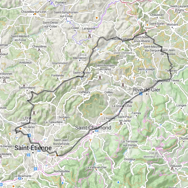 Mapa miniatúra "Trasa Lorette - Saint-Chamond" cyklistická inšpirácia v Rhône-Alpes, France. Vygenerované cyklistickým plánovačom trás Tarmacs.app