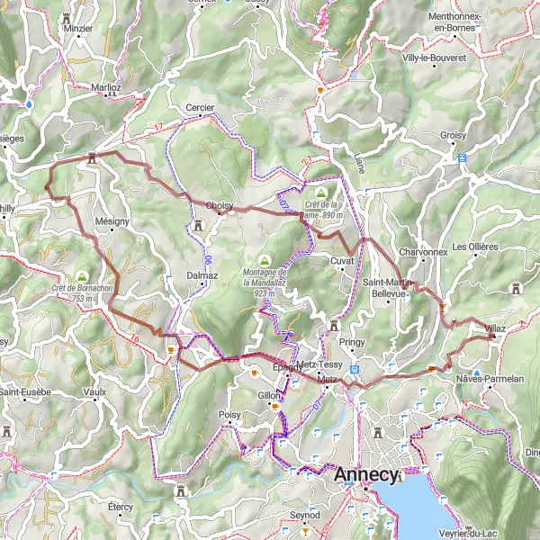 Zemljevid v pomanjšavi "Kolesarska pot okoli Villaza - makedam" kolesarske inspiracije v Rhône-Alpes, France. Generirano z načrtovalcem kolesarskih poti Tarmacs.app