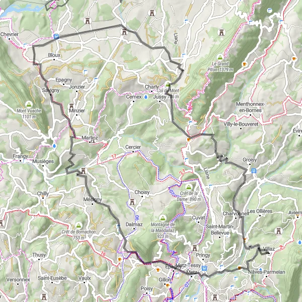 Miniatuurkaart van de fietsinspiratie "Kust en kastelen rond Villaz" in Rhône-Alpes, France. Gemaakt door de Tarmacs.app fietsrouteplanner