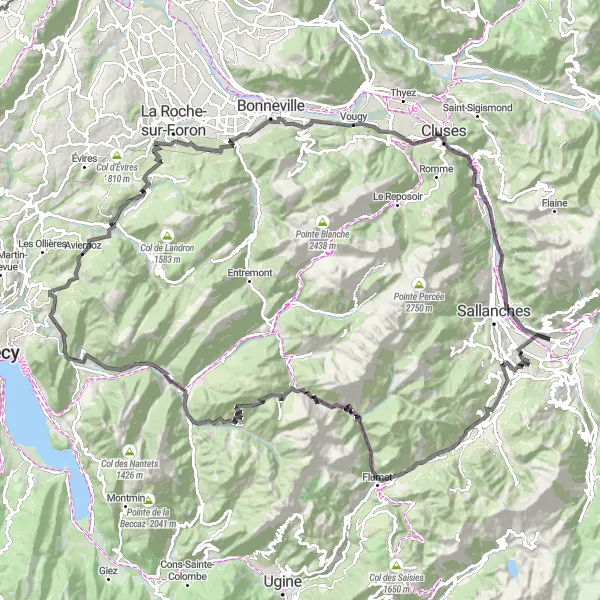 Karttaminiaatyyri "Aviernoz-Saint-Sixt-Vougy-Attention bord de falaise-Oex-Demi-Quartier-Côte de Megeve-La Giettaz-en-Aravis-Col des Aravis-Col de la Croix Fry-Manigod-La Balme-de-Thuy-Tête à Turpin-Plan de Bacon-Nâves-Parmelan" pyöräilyinspiraatiosta alueella Rhône-Alpes, France. Luotu Tarmacs.app pyöräilyreittisuunnittelijalla