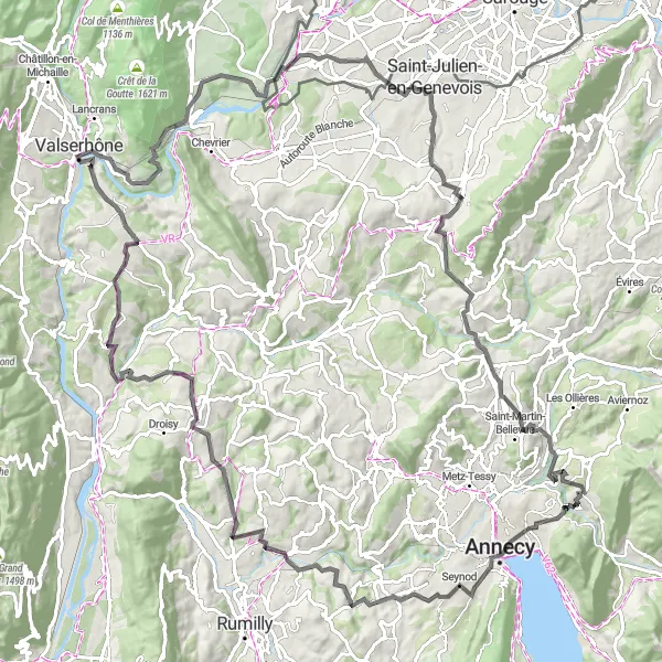 Miniatua del mapa de inspiración ciclista "Ruta del Col du Mont Sion y Château de Châtel" en Rhône-Alpes, France. Generado por Tarmacs.app planificador de rutas ciclistas