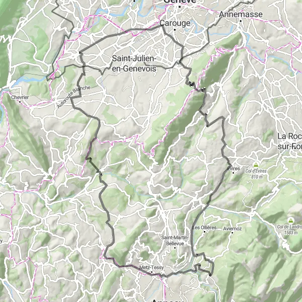 Mapa miniatúra "Zaujímavá cyklotrasa so stredným náročným stúpaním" cyklistická inšpirácia v Rhône-Alpes, France. Vygenerované cyklistickým plánovačom trás Tarmacs.app