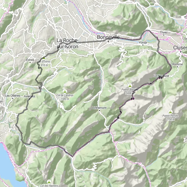 Map miniature of "Scenic Roche-sur-Foron Ride" cycling inspiration in Rhône-Alpes, France. Generated by Tarmacs.app cycling route planner