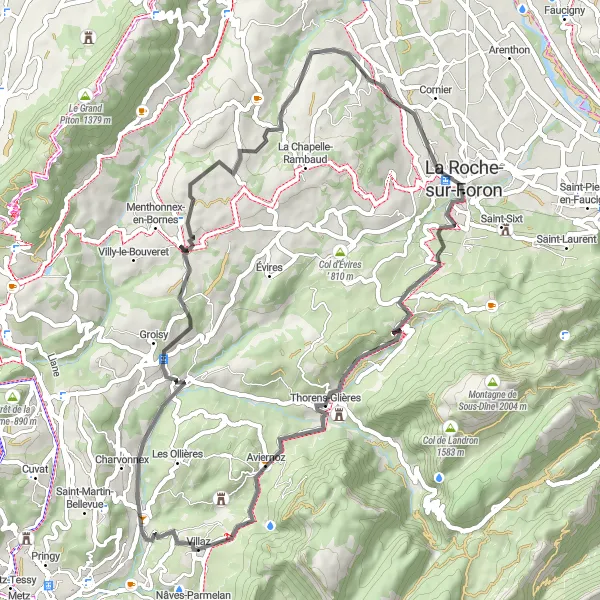 Mapa miniatúra "Villaž - Groisy okruh" cyklistická inšpirácia v Rhône-Alpes, France. Vygenerované cyklistickým plánovačom trás Tarmacs.app
