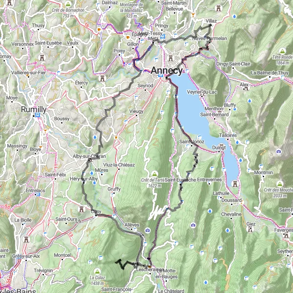 Mapa miniatúra "Pôsobivá cyklotrasa s výhľadom na jazero Annecy" cyklistická inšpirácia v Rhône-Alpes, France. Vygenerované cyklistickým plánovačom trás Tarmacs.app