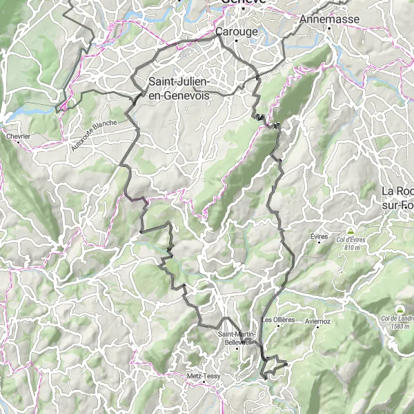 Zemljevid v pomanjšavi "Kolesarska pot okoli Villaza - cesta" kolesarske inspiracije v Rhône-Alpes, France. Generirano z načrtovalcem kolesarskih poti Tarmacs.app