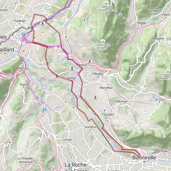 Mapa miniatúra "Gravel cyklotúra cez Bonne a Contamine-sur-Arve" cyklistická inšpirácia v Rhône-Alpes, France. Vygenerované cyklistickým plánovačom trás Tarmacs.app