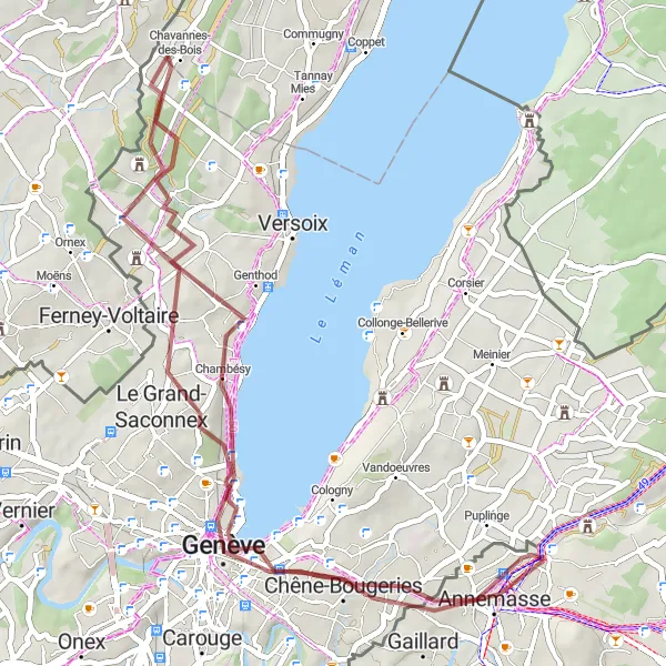 Zemljevid v pomanjšavi "Sproščujoča pot do Ženeve" kolesarske inspiracije v Rhône-Alpes, France. Generirano z načrtovalcem kolesarskih poti Tarmacs.app