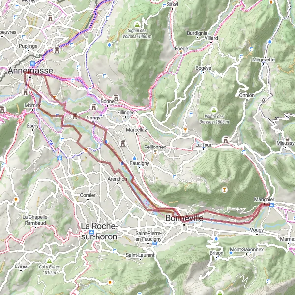 Miniaturekort af cykelinspirationen "Grusvej gennem Ville-la-Grand" i Rhône-Alpes, France. Genereret af Tarmacs.app cykelruteplanlægger