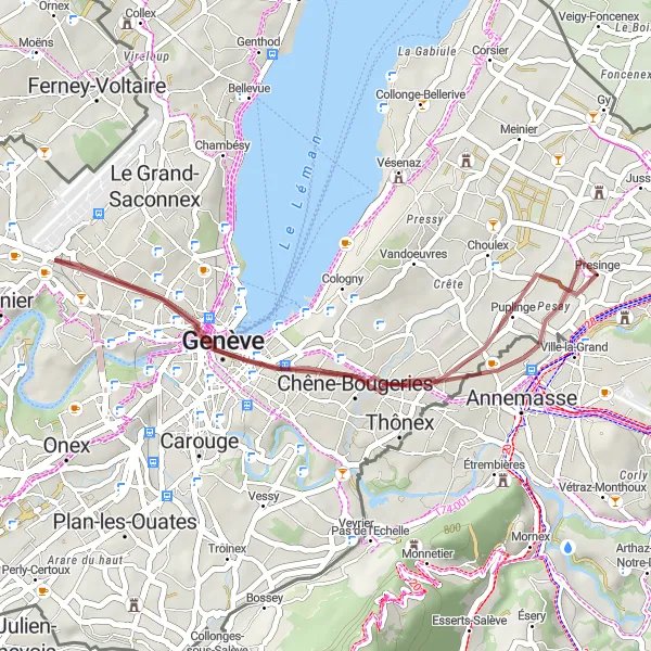 Miniatura della mappa di ispirazione al ciclismo "Ville-la-Grand - Geneva Gravel Adventure" nella regione di Rhône-Alpes, France. Generata da Tarmacs.app, pianificatore di rotte ciclistiche