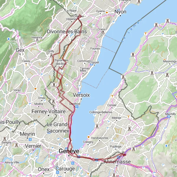 Kartminiatyr av "Oppdag Divonne-les-Bains på sykkel" sykkelinspirasjon i Rhône-Alpes, France. Generert av Tarmacs.app sykkelrutoplanlegger