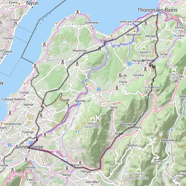 Miniatua del mapa de inspiración ciclista "Ruta de ciclismo de carretera por Thonon-les-Bains" en Rhône-Alpes, France. Generado por Tarmacs.app planificador de rutas ciclistas