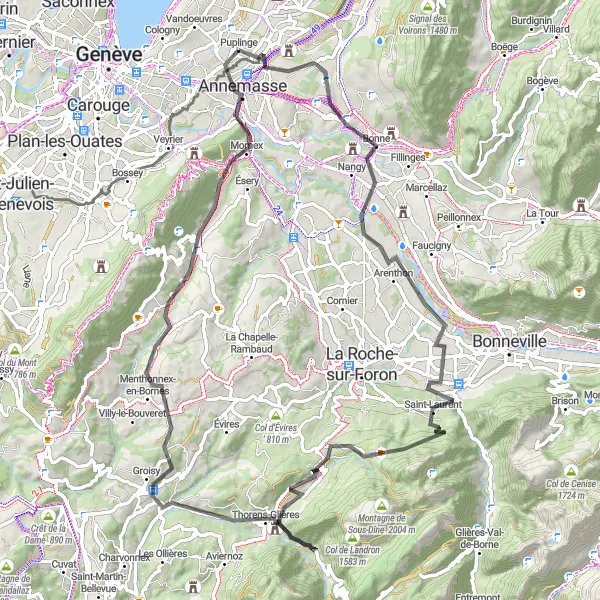 Karttaminiaatyyri "Vuoripyöräily Ville-la-Grandin lähellä" pyöräilyinspiraatiosta alueella Rhône-Alpes, France. Luotu Tarmacs.app pyöräilyreittisuunnittelijalla