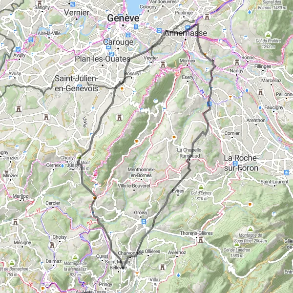 Miniatuurkaart van de fietsinspiratie "Fietsen rond Ville-la-Grand: Arthaz-Pont-Notre-Dame tot Annemasse" in Rhône-Alpes, France. Gemaakt door de Tarmacs.app fietsrouteplanner