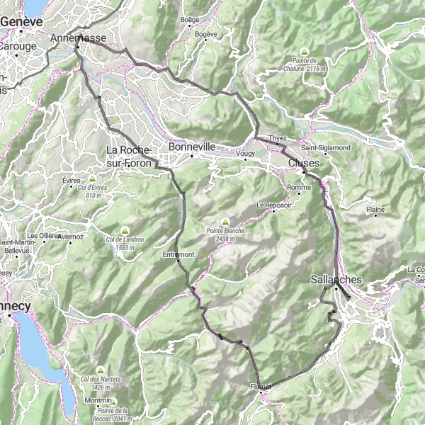 Mapa miniatúra "Bonne - Megève - La Clusaz - Col de St Jean de Sixt - Amancy - Mont Gosse - Étrembières" cyklistická inšpirácia v Rhône-Alpes, France. Vygenerované cyklistickým plánovačom trás Tarmacs.app