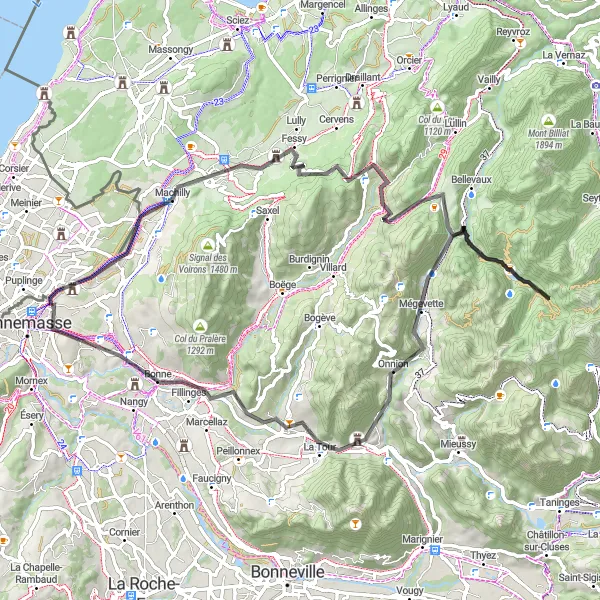 Miniaturní mapa "Prohlídková cyklotrasa s výhledem na Mont Blanc" inspirace pro cyklisty v oblasti Rhône-Alpes, France. Vytvořeno pomocí plánovače tras Tarmacs.app