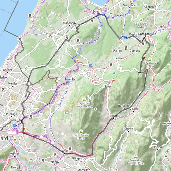 Miniature de la carte de l'inspiration cycliste "Les Cols de la Vallée Verte" dans la Rhône-Alpes, France. Générée par le planificateur d'itinéraire cycliste Tarmacs.app