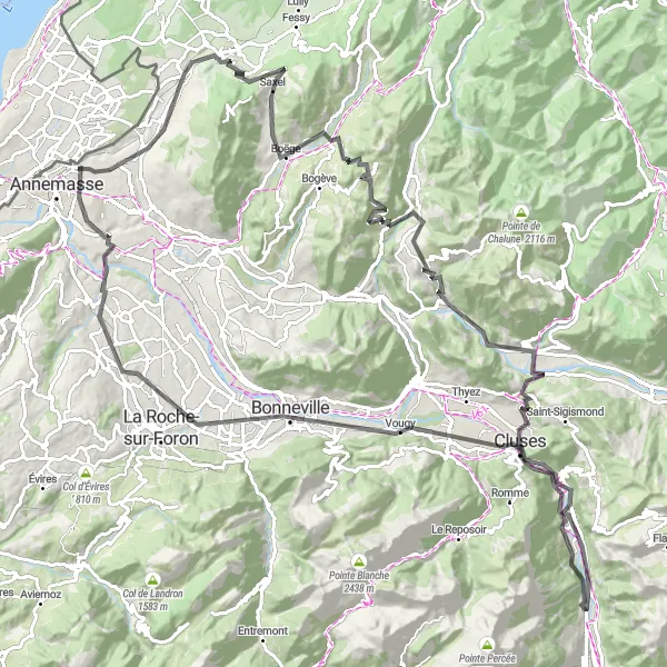 Miniatura mapy "Wyzwanie szosowe przez Col de Saxel i Onnion" - trasy rowerowej w Rhône-Alpes, France. Wygenerowane przez planer tras rowerowych Tarmacs.app