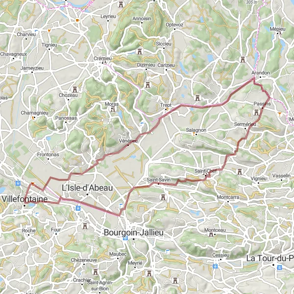 Miniaturní mapa "Gravelová trasa kolem Villefontaine" inspirace pro cyklisty v oblasti Rhône-Alpes, France. Vytvořeno pomocí plánovače tras Tarmacs.app