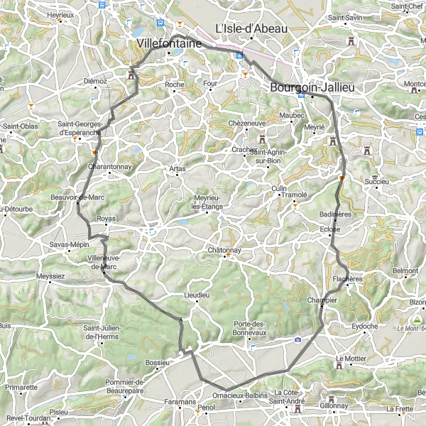 Karttaminiaatyyri "Rentouttava maantiepyöräilyreitti Bourgoin-Jallieuhun" pyöräilyinspiraatiosta alueella Rhône-Alpes, France. Luotu Tarmacs.app pyöräilyreittisuunnittelijalla