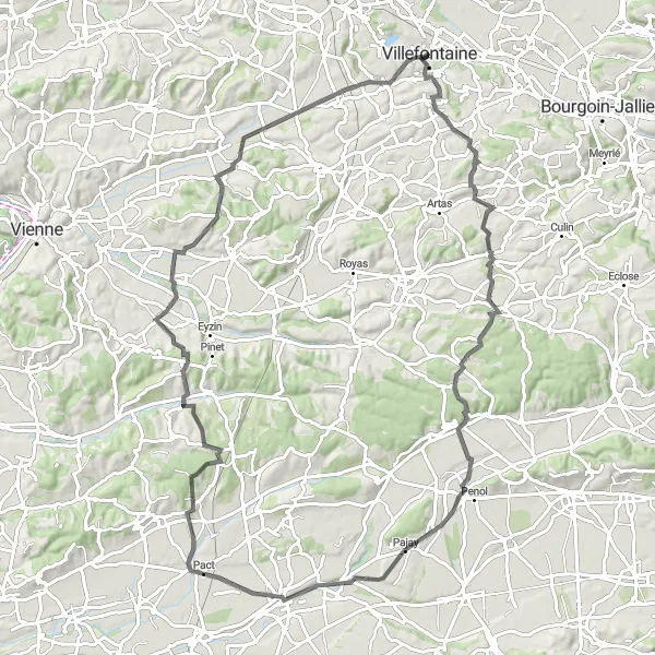Miniatua del mapa de inspiración ciclista "Ruta de ciclismo de ida y vuelta desde Villefontaine" en Rhône-Alpes, France. Generado por Tarmacs.app planificador de rutas ciclistas