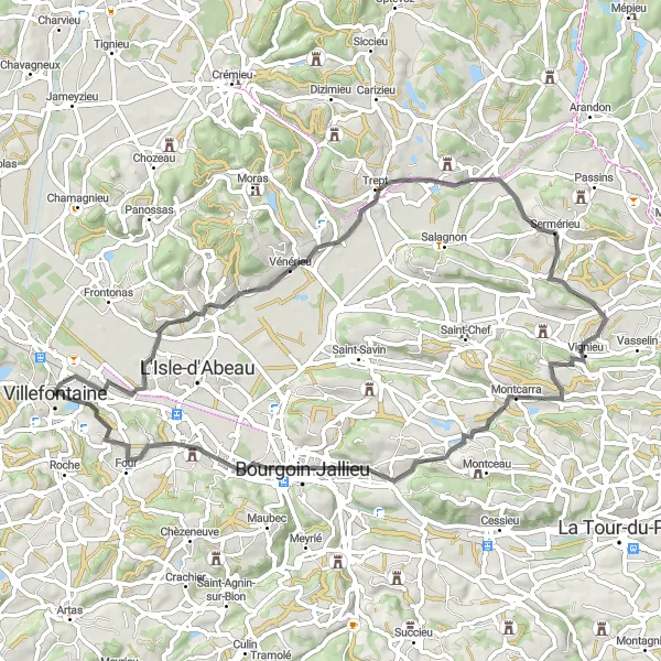 Miniatua del mapa de inspiración ciclista "Villefontaine - Vaulx-Milieu - Trept - Vignieu - Domarin" en Rhône-Alpes, France. Generado por Tarmacs.app planificador de rutas ciclistas