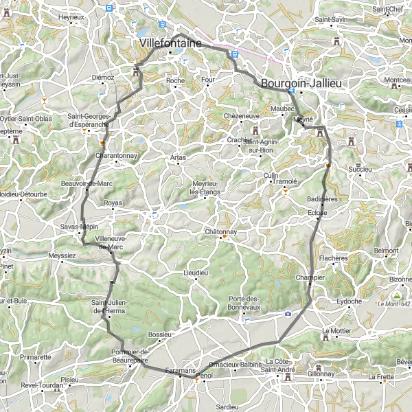 Miniaturní mapa "Cyklistická trasa kolem Villefontaine a okolí" inspirace pro cyklisty v oblasti Rhône-Alpes, France. Vytvořeno pomocí plánovače tras Tarmacs.app