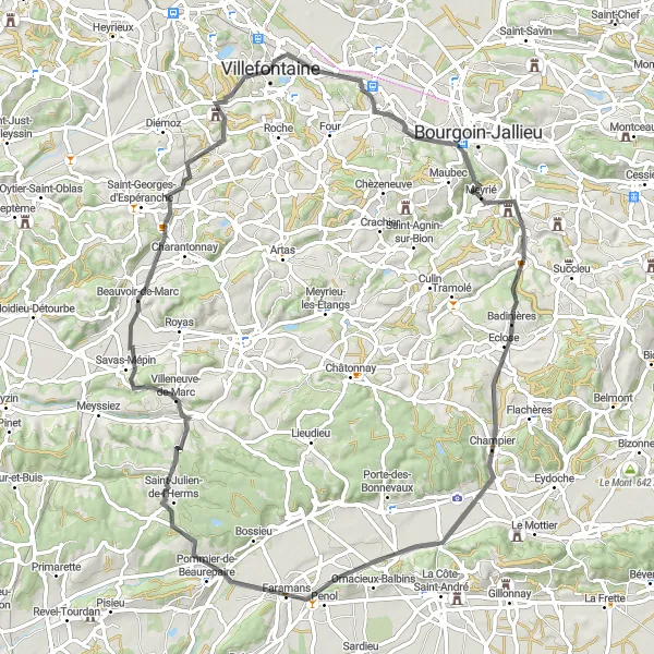 Miniatua del mapa de inspiración ciclista "Ruta Escénica por Rhône-Alpes" en Rhône-Alpes, France. Generado por Tarmacs.app planificador de rutas ciclistas