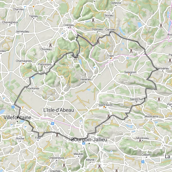 Map miniature of "Scenic Road Cycling Tour to Moras" cycling inspiration in Rhône-Alpes, France. Generated by Tarmacs.app cycling route planner