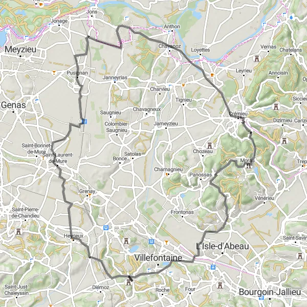 Map miniature of "Châteaux and Villages Road Cycling Tour" cycling inspiration in Rhône-Alpes, France. Generated by Tarmacs.app cycling route planner