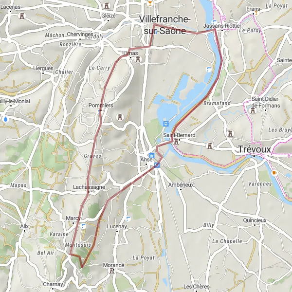 Miniatua del mapa de inspiración ciclista "Ruta de Grava en Jassans-Riottier, Lachassagne, y Limas" en Rhône-Alpes, France. Generado por Tarmacs.app planificador de rutas ciclistas
