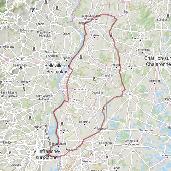 Miniatua del mapa de inspiración ciclista "Ruta de grava a Villefranche-sur-Saône" en Rhône-Alpes, France. Generado por Tarmacs.app planificador de rutas ciclistas