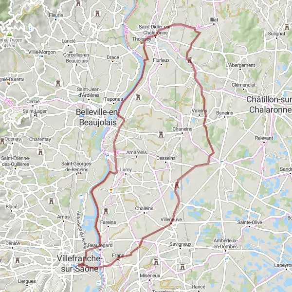 Karttaminiaatyyri "Kiertomatka Villen läheisyydessä - Sorateitä ja mahtavia maisemia" pyöräilyinspiraatiosta alueella Rhône-Alpes, France. Luotu Tarmacs.app pyöräilyreittisuunnittelijalla