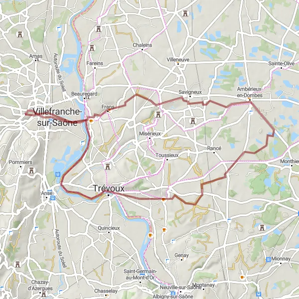 Miniatura mapy "Szlak gravelowy przez Ars-sur-Formans i Gleizé" - trasy rowerowej w Rhône-Alpes, France. Wygenerowane przez planer tras rowerowych Tarmacs.app