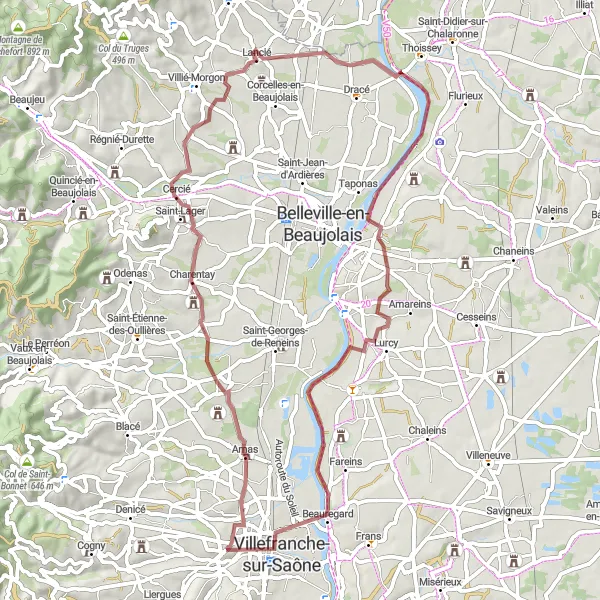 Miniatua del mapa de inspiración ciclista "Aventura en los caminos de grava" en Rhône-Alpes, France. Generado por Tarmacs.app planificador de rutas ciclistas