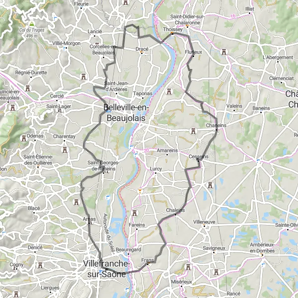 Map miniature of "The Beauty of Beaujolais" cycling inspiration in Rhône-Alpes, France. Generated by Tarmacs.app cycling route planner