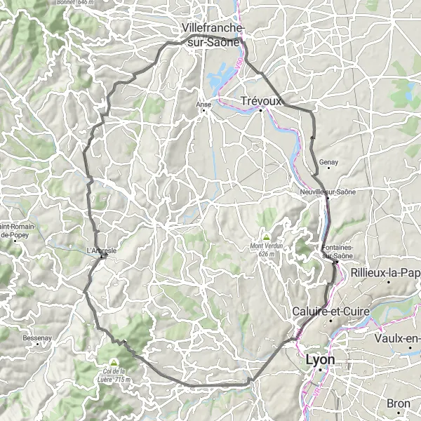 Kartminiatyr av "Utforska Beaujolais och Monts d'Or" cykelinspiration i Rhône-Alpes, France. Genererad av Tarmacs.app cykelruttplanerare