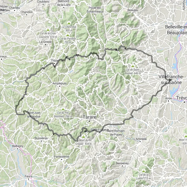 Miniaturní mapa "Vysočiny kolem Villefranche-sur-Saône" inspirace pro cyklisty v oblasti Rhône-Alpes, France. Vytvořeno pomocí plánovače tras Tarmacs.app