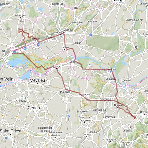 Map miniature of "Gravel Adventure at Pont-de-Chéruy" cycling inspiration in Rhône-Alpes, France. Generated by Tarmacs.app cycling route planner