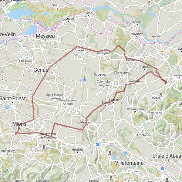 Zemljevid v pomanjšavi "Raziščite podeželje okoli Villemoirieuja" kolesarske inspiracije v Rhône-Alpes, France. Generirano z načrtovalcem kolesarskih poti Tarmacs.app